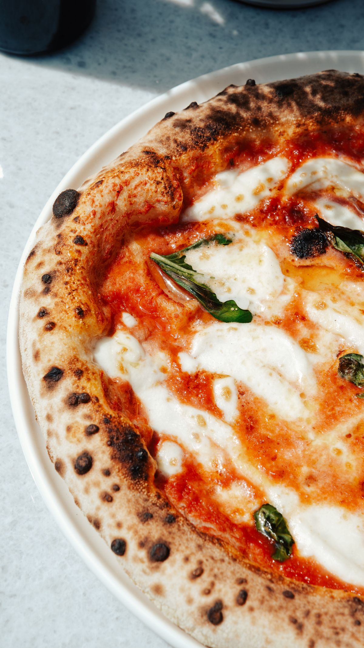 Close-up of a wood-fired Neapolitan margherita pizza with fresh basil